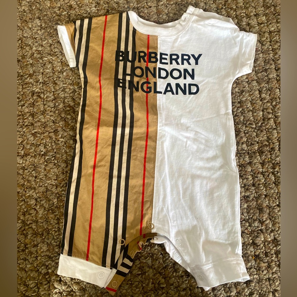 Burberry baby one-piece. Color half white half plaid. Size 3M. Worn once.